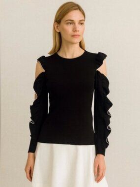 Maje Black Crewneck Ruffle Long Sleeve Blouse